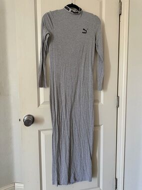 Puma Light Gray Long-Sleeve Maxi Dress with Logo Collar athletic wear streetwear